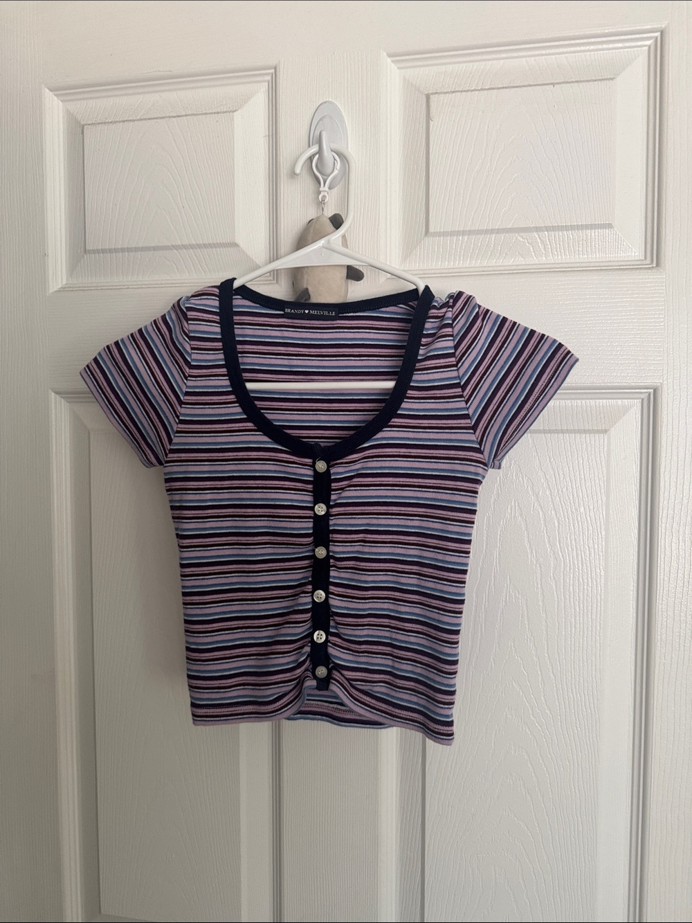 Brandy Melville Purple Blue Striped Short Sleeve Button Crop Tee